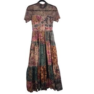 Geisha‎ Designs Anthropologie Midi Dress Tiered Size 0 Patchwork Sheer Maxi